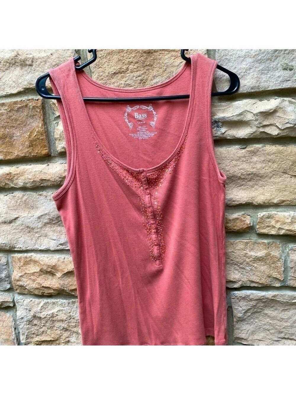 BASS Ladies Rose color L Tank w/bead embellished around round neck and front